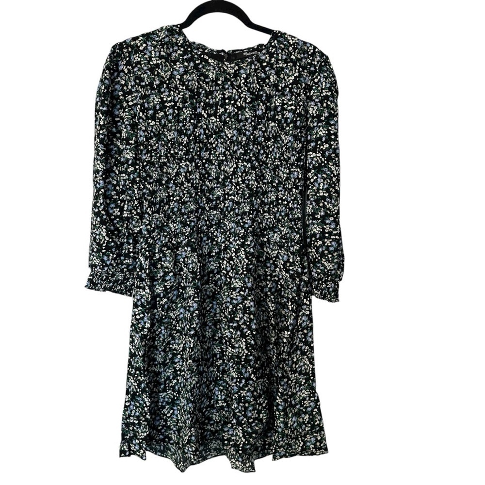 Madewell Women’s Smocked Mini Dress in Floral in Meadow Ditsy Black Sz 10 NWOT
